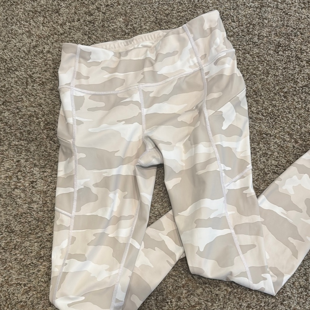 Athleta Tan and White High-Waisted Leggings with Stretchy Fit